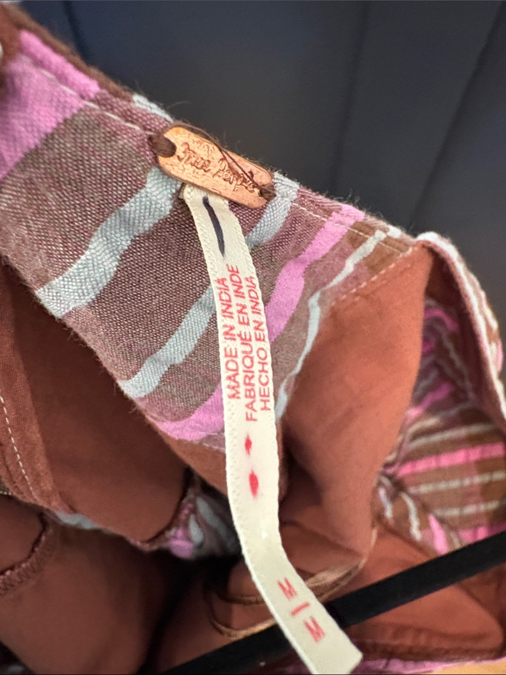 686. Free People Pink and Brown Plaid Cotton Dress with Puff Sleeves - Picture 3 of 4